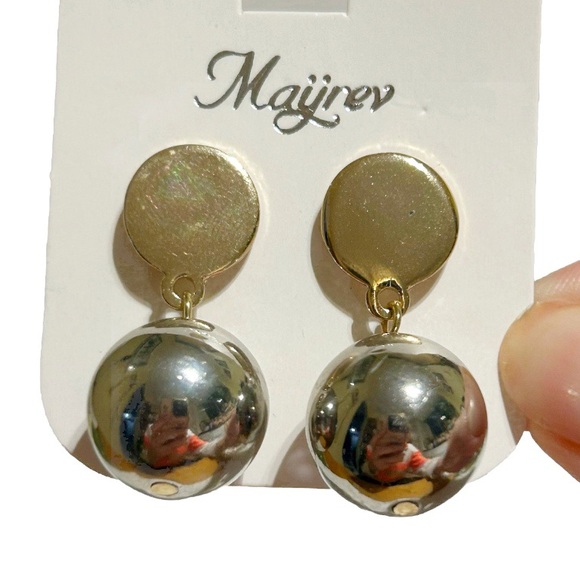 Mayrev Silver and Gold Tone Dangling Earrings Circle Ball Sphere Bauble Classy - Picture 6 of 10